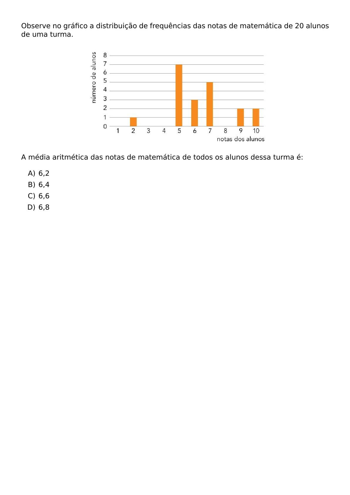 OBSERVE NO GRAFICO A DISTRIBUICAO DE FREQUENCIAS DAS NOTAS DE MATEMATICA DE 20 ALUNOS DE UMA TURMA BEGIN CENTER INCLUDEGRAPHICS WIDTH 0 6 TEXTWIDTH REPRO IMG 0 20260602 120552 JPG END CENTER A MEDIA ARITMETICA DAS NOTAS DE MATEMATICA DE TODOS OS ALUNOS DESSA TURMA E BEGIN ENUMERATE LABEL ALPH ITEM 6 2 ITEM 6 4 ITEM 6 6 ITEM 6 8 END ENUMERATE
