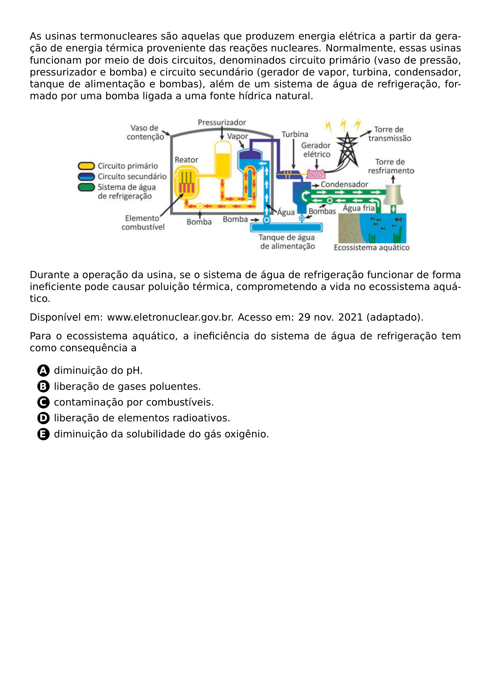 AS USINAS TERMONUCLEARES SAO AQUELAS QUE PRODUZEM ENERGIA ELETRICA A PARTIR DA GERACAO DE ENERGIA TERMICA PROVENIENTE DAS REACOES NUCLEARES NORMALMENTE ESSAS USINAS FUNCIONAM POR MEIO DE DOIS CIRCUITOS DENOMINADOS CIRCUITO PRIMARIO VASO DE PRESSAO PRESSURIZADOR E BOMBA E CIRCUITO SECUNDARIO GERADOR DE VAPOR TURBINA CONDENSADOR TANQUE DE ALIMENTACAO E BOMBAS ALEM DE UM SISTEMA DE AGUA DE REFRIGERACAO FORMADO POR UMA BOMBA LIGADA A UMA FONTE HIDRICA NATURAL BEGIN CENTER INCLUDEGRAPHICS WIDTH 0 8 LINEWIDTH 20260622 180749 01 PNG END CENTER DURANTE A OPERACAO DA USINA SE O SISTEMA DE AGUA DE REFRIGERACAO FUNCIONAR DE FORMA INEFICIENTE PODE CAUSAR POLUICAO TERMICA COMPROMETENDO A VIDA NO ECOSSISTEMA AQUATICO DISPONIVEL EM WWW ELETRONUCLEAR GOV BR ACESSO EM 29 NOV 2021 ADAPTADO PARA O ECOSSISTEMA AQUATICO A INEFICIENCIA DO SISTEMA DE AGUA DE REFRIGERACAO TEM COMO CONSEQUENCIA A BEGIN ENUMERATE LABEL PROTECT CIRCLED ALPH ITEM DIMINUICAO DO PH ITEM LIBERACAO DE GASES POLUENTES ITEM CONTAMINACAO POR COMBUSTIVEIS ITEM LIBERACAO DE ELEMENTOS RADIOATIVOS ITEM DIMINUICAO DA SOLUBILIDADE DO GAS OXIGENIO END ENUMERATE