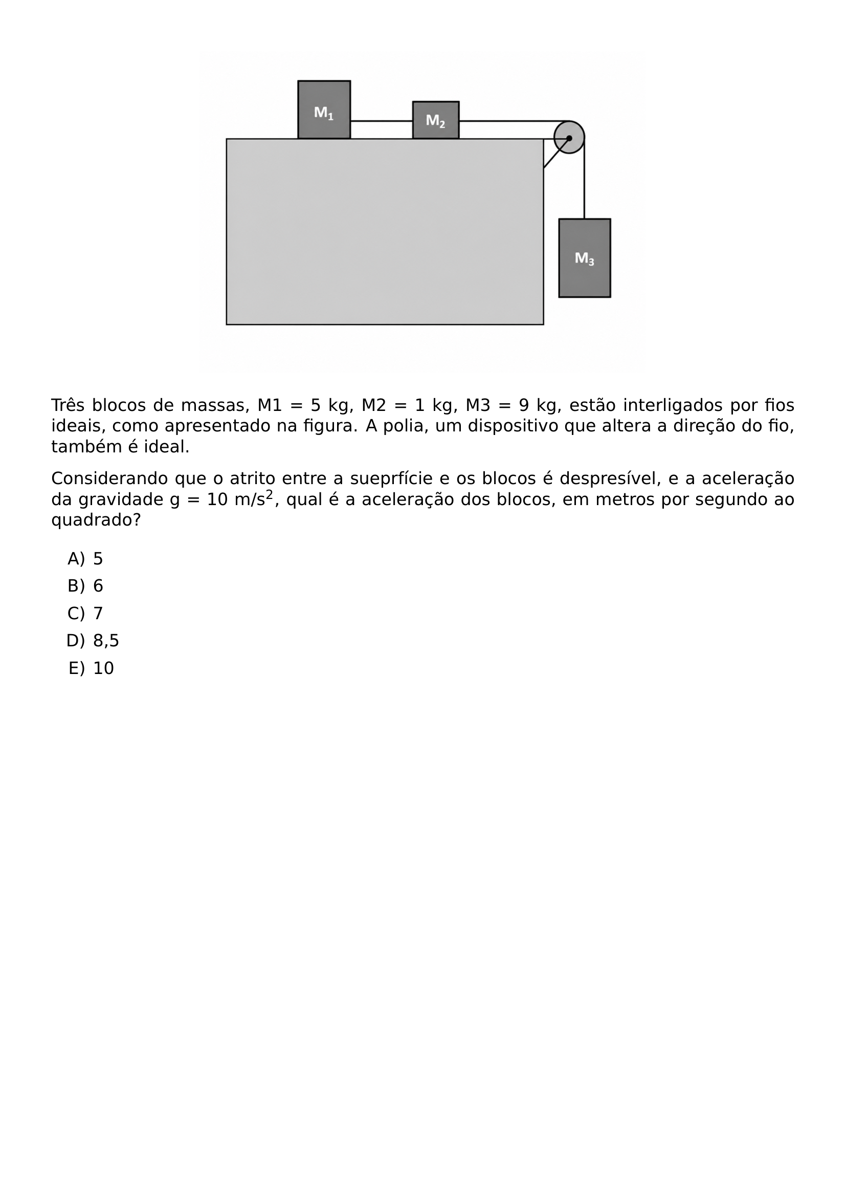 BEGIN CENTER INCLUDEGRAPHICS WIDTH 0 60 LINEWIDTH UNICEPLAC 2023 2 34 JPG END CENTER TRES BLOCOS DE MASSAS M1 5 KG M2 1 KG M3 9 KG ESTAO INTERLIGADOS POR FIOS IDEAIS COMO APRESENTADO NA FIGURA A POLIA UM DISPOSITIVO QUE ALTERA A DIRECAO DO FIO TAMBEM E IDEAL CONSIDERANDO QUE O ATRITO ENTRE A SUEPRFICIE E OS BLOCOS E DESPRESIVEL E A ACELERACAO DA GRAVIDADE G 10 M S 2 QUAL E A ACELERACAO DOS BLOCOS EM METROS POR SEGUNDO AO QUADRADO BEGIN ENUMERATE LABEL ALPH ITEM 5 ITEM 6 ITEM 7 ITEM 8 5 ITEM 10 END ENUMERATE