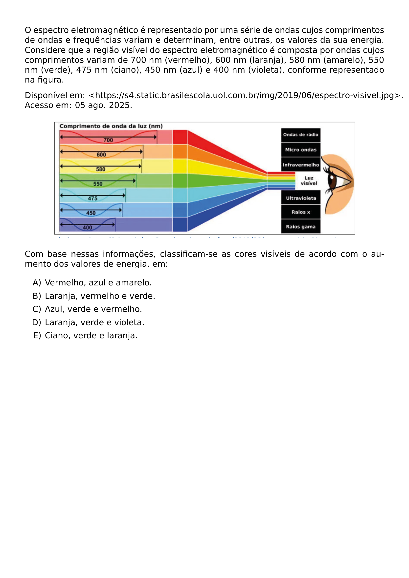 O ESPECTRO ELETROMAGNETICO E REPRESENTADO POR UMA SERIE DE ONDAS CUJOS COMPRIMENTOS DE ONDAS E FREQUENCIAS VARIAM E DETERMINAM ENTRE OUTRAS OS VALORES DA SUA ENERGIA CONSIDERE QUE A REGIAO VISIVEL DO ESPECTRO ELETROMAGNETICO E COMPOSTA POR ONDAS CUJOS COMPRIMENTOS VARIAM DE 700 NM VERMELHO 600 NM LARANJA 580 NM AMARELO 550 NM VERDE 475 NM CIANO 450 NM AZUL E 400 NM VIOLETA CONFORME REPRESENTADO NA FIGURA BEGIN CENTER INCLUDEGRAPHICS WIDTH 0 85 LINEWIDTH UFGD 2026 1 45 JPG END CENTER DISPONIVEL EM HTTPS S4 STATIC BRASILESCOLA UOL COM BR IMG 2019 06 ESPECTRO VISIVEL JPG ACESSO EM 05 AGO 2025 COM BASE NESSAS INFORMACOES CLASSIFICAM SE AS CORES VISIVEIS DE ACORDO COM O AUMENTO DOS VALORES DE ENERGIA EM BEGIN ENUMERATE LABEL ALPH ITEM VERMELHO AZUL E AMARELO ITEM LARANJA VERMELHO E VERDE ITEM AZUL VERDE E VERMELHO ITEM LARANJA VERDE E VIOLETA ITEM CIANO VERDE E LARANJA END ENUMERATE