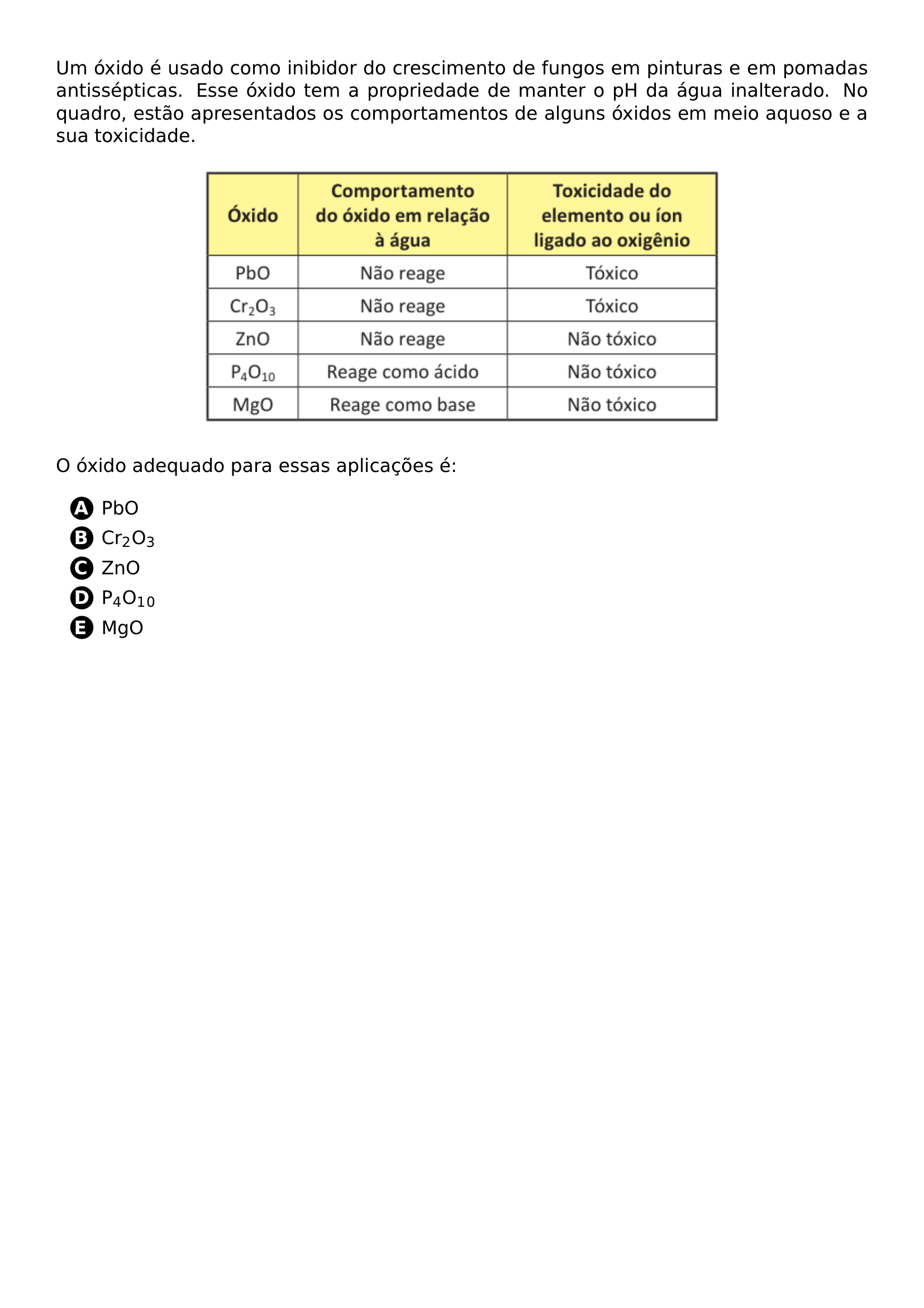 PAR UM OXIDO E USADO COMO INIBIDOR DO CRESCIMENTO DE FUNGOS EM PINTURAS E EM POMADAS ANTISSEPTICAS ESSE OXIDO TEM A PROPRIEDADE DE MANTER O PH DA AGUA INALTERADO NO QUADRO ESTAO APRESENTADOS OS COMPORTAMENTOS DE ALGUNS OXIDOS EM MEIO AQUOSO E A SUA TOXICIDADE BEGIN CENTER INCLUDEGRAPHICS WIDTH 0 65 LINEWIDTH 20261018 193218 355 01 PNG END CENTER PAR O OXIDO ADEQUADO PARA ESSAS APLICACOES E BEGIN ENUMERATE LABEL PROTECT CIRCLED ALPH ITEM PROTECT CIRCLED A PBO ITEM PROTECT CIRCLED B CR TEXTSUBSCRIPT 2 O TEXTSUBSCRIPT 3 ITEM PROTECT CIRCLED C ZNO ITEM PROTECT CIRCLED D P TEXTSUBSCRIPT 4 O TEXTSUBSCRIPT 1 TEXTSUBSCRIPT 0 ITEM PROTECT CIRCLED E MGO END ENUMERATE