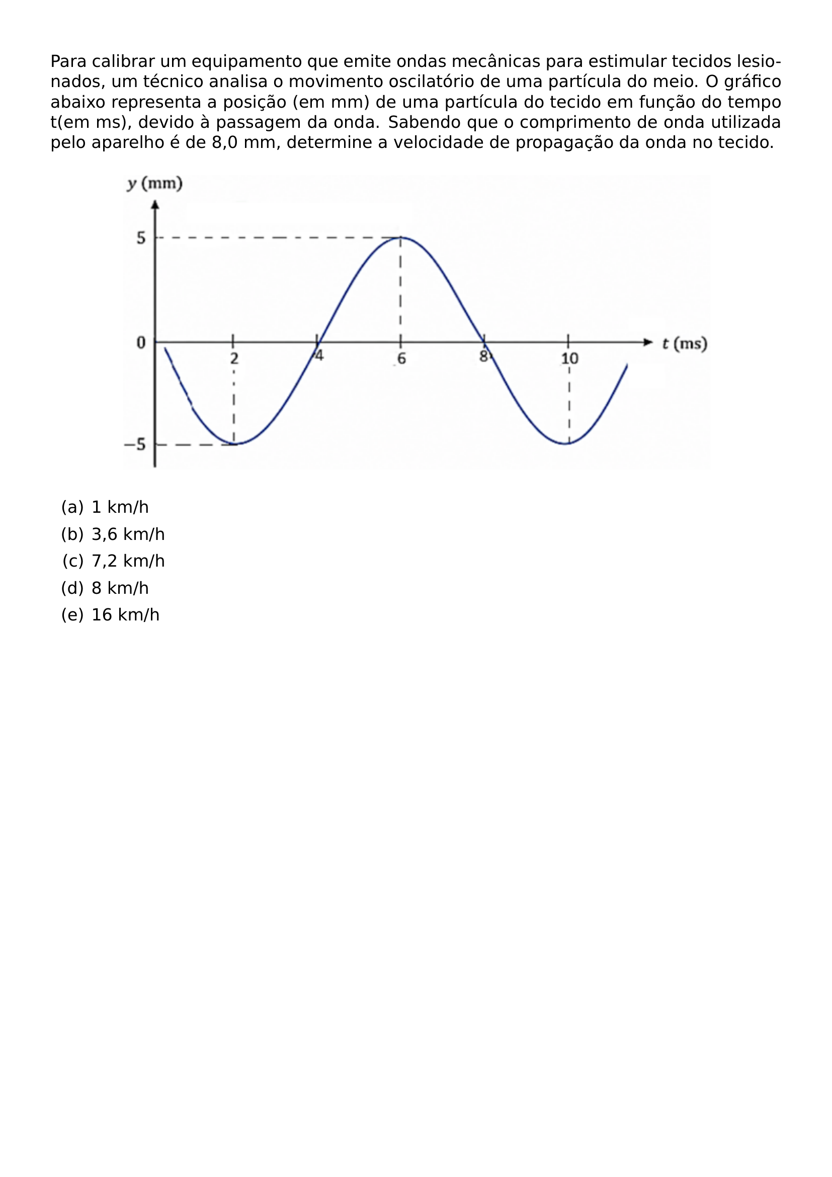 PARA CALIBRAR UM EQUIPAMENTO QUE EMITE ONDAS MECANICAS PARA ESTIMULAR TECIDOS LESIONADOS UM TECNICO ANALISA O MOVIMENTO OSCILATORIO DE UMA PARTICULA DO MEIO O GRAFICO ABAIXO REPRESENTA A POSICAO EM MM DE UMA PARTICULA DO TECIDO EM FUNCAO DO TEMPO T EM MS DEVIDO A PASSAGEM DA ONDA SABENDO QUE O COMPRIMENTO DE ONDA UTILIZADA PELO APARELHO E DE 8 0 MM DETERMINE A VELOCIDADE DE PROPAGACAO DA ONDA NO TECIDO BEGIN CENTER INCLUDEGRAPHICS WIDTH 0 82 LINEWIDTH 20260814 173858 01 PNG END CENTER BEGIN ENUMERATE LABEL ALPH ITEM 1 KM H ITEM 3 6 KM H ITEM 7 2 KM H ITEM 8 KM H ITEM 16 KM H END ENUMERATE