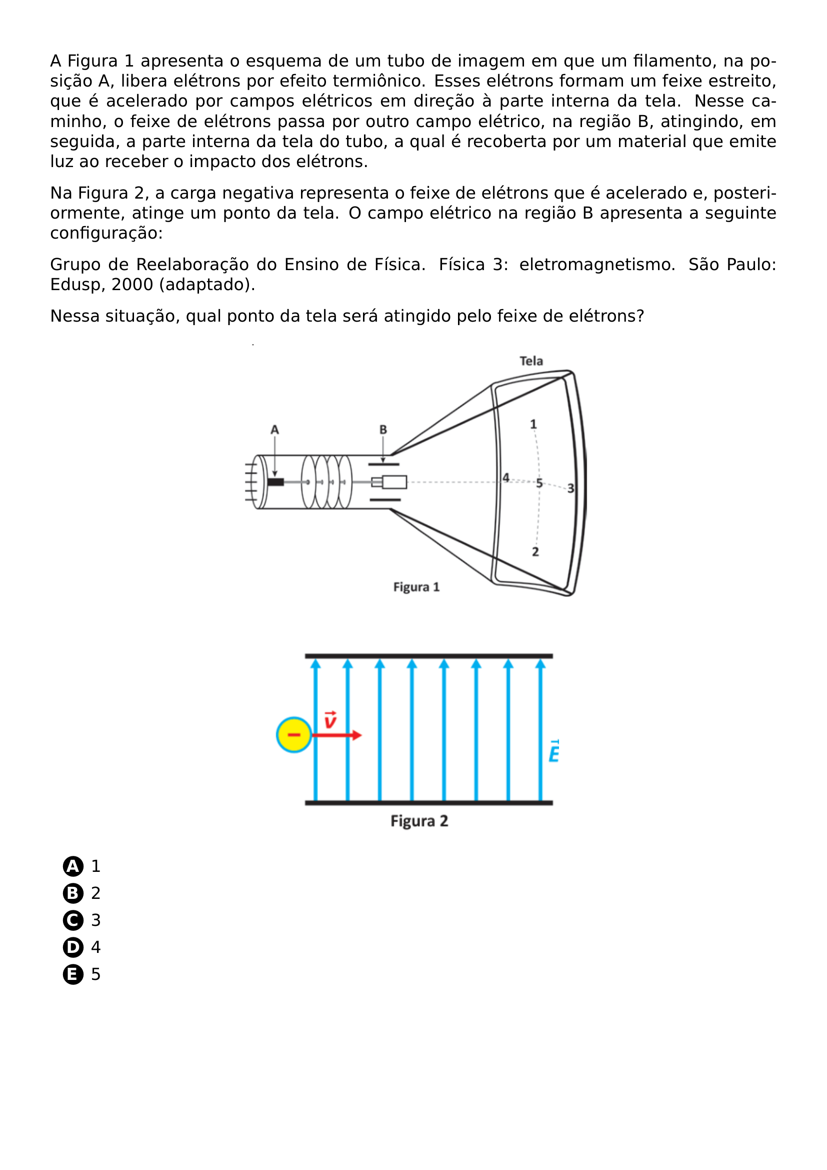 A FIGURA 1 APRESENTA O ESQUEMA DE UM TUBO DE IMAGEM EM QUE UM FILAMENTO NA POSICAO A LIBERA ELETRONS POR EFEITO TERMIONICO ESSES ELETRONS FORMAM UM FEIXE ESTREITO QUE E ACELERADO POR CAMPOS ELETRICOS EM DIRECAO A PARTE INTERNA DA TELA NESSE CAMINHO O FEIXE DE ELETRONS PASSA POR OUTRO CAMPO ELETRICO NA REGIAO B ATINGINDO EM SEGUIDA A PARTE INTERNA DA TELA DO TUBO A QUAL E RECOBERTA POR UM MATERIAL QUE EMITE LUZ AO RECEBER O IMPACTO DOS ELETRONS NA FIGURA 2 A CARGA NEGATIVA REPRESENTA O FEIXE DE ELETRONS QUE E ACELERADO E POSTERIORMENTE ATINGE UM PONTO DA TELA O CAMPO ELETRICO NA REGIAO B APRESENTA A SEGUINTE CONFIGURACAO GRUPO DE REELABORACAO DO ENSINO DE FISICA FISICA 3 ELETROMAGNETISMO SAO PAULO EDUSP 2000 ADAPTADO NESSA SITUACAO QUAL PONTO DA TELA SERA ATINGIDO PELO FEIXE DE ELETRONS BEGIN CENTER INCLUDEGRAPHICS WIDTH 0 50 LINEWIDTH 20260618 223807 01 PNG VSPACE 0 5CM INCLUDEGRAPHICS WIDTH 0 40 LINEWIDTH 20260618 223807 02 PNG END CENTER BEGIN ENUMERATE LABEL PROTECT CIRCLED ALPH ITEMSEP 5PT ITEM 1 ITEM 2 ITEM 3 ITEM 4 ITEM 5 END ENUMERATE