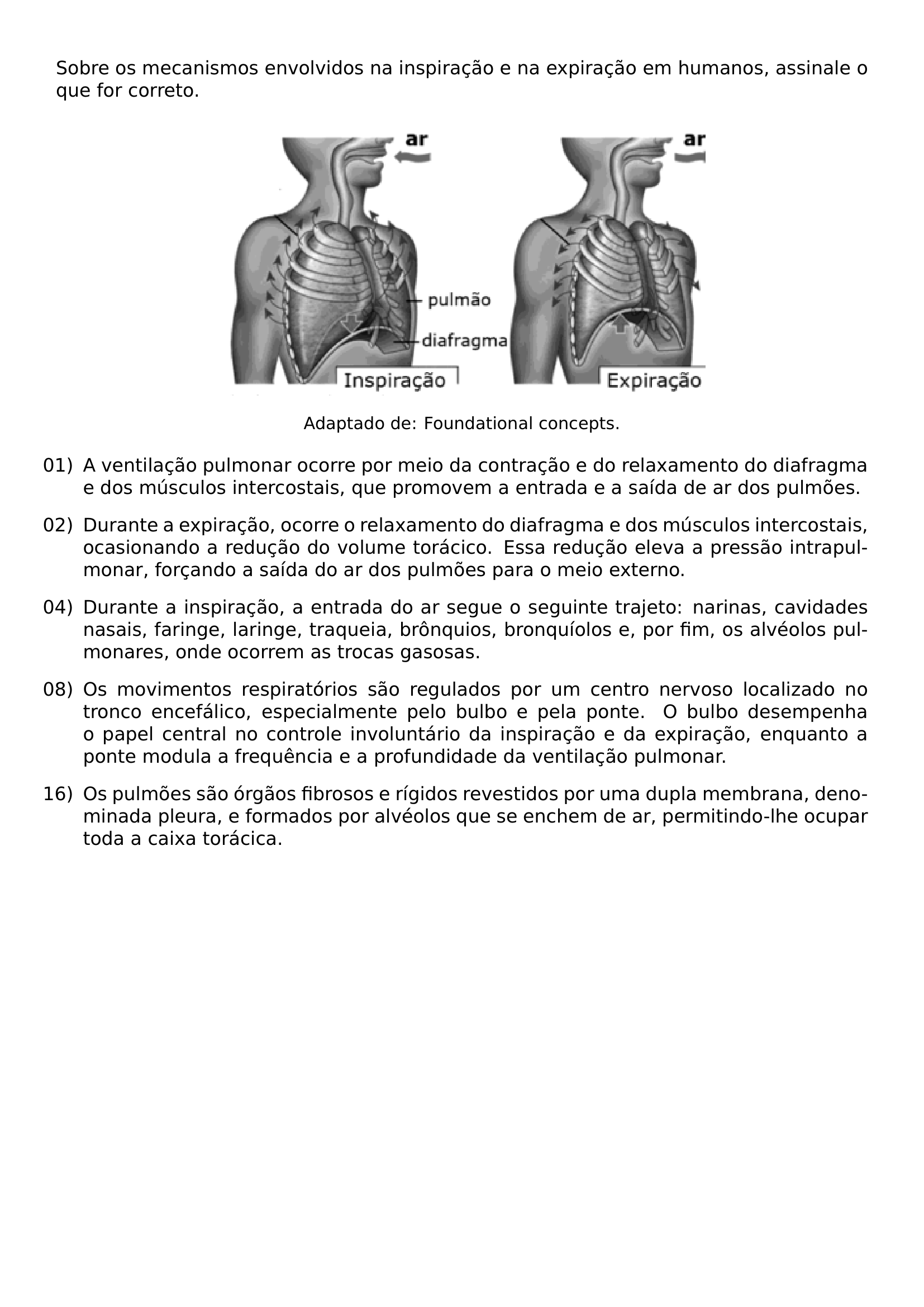 SOBRE OS MECANISMOS ENVOLVIDOS NA INSPIRACAO E NA EXPIRACAO EM HUMANOS ASSINALE O QUE FOR CORRETO BEGIN CENTER INCLUDEGRAPHICS WIDTH 0 60 LINEWIDTH 20260813 194559 01 PNG SMALL ADAPTADO DE FOUNDATIONAL CONCEPTS END CENTER BEGIN ENUMERATE LEFTMARGIN LABELSEP 0 5EM ITEMSEP 0 8EM ITEM 01 A VENTILACAO PULMONAR OCORRE POR MEIO DA CONTRACAO E DO RELAXAMENTO DO DIAFRAGMA E DOS MUSCULOS INTERCOSTAIS QUE PROMOVEM A ENTRADA E A SAIDA DE AR DOS PULMOES ITEM 02 DURANTE A EXPIRACAO OCORRE O RELAXAMENTO DO DIAFRAGMA E DOS MUSCULOS INTERCOSTAIS OCASIONANDO A REDUCAO DO VOLUME TORACICO ESSA REDUCAO ELEVA A PRESSAO INTRAPULMONAR FORCANDO A SAIDA DO AR DOS PULMOES PARA O MEIO EXTERNO ITEM 04 DURANTE A INSPIRACAO A ENTRADA DO AR SEGUE O SEGUINTE TRAJETO NARINAS CAVIDADES NASAIS FARINGE LARINGE TRAQUEIA BRONQUIOS BRONQUIOLOS E POR FIM OS ALVEOLOS PULMONARES ONDE OCORREM AS TROCAS GASOSAS ITEM 08 OS MOVIMENTOS RESPIRATORIOS SAO REGULADOS POR UM CENTRO NERVOSO LOCALIZADO NO TRONCO ENCEFALICO ESPECIALMENTE PELO BULBO E PELA PONTE O BULBO DESEMPENHA O PAPEL CENTRAL NO CONTROLE INVOLUNTARIO DA INSPIRACAO E DA EXPIRACAO ENQUANTO A PONTE MODULA A FREQUENCIA E A PROFUNDIDADE DA VENTILACAO PULMONAR ITEM 16 OS PULMOES SAO ORGAOS FIBROSOS E RIGIDOS REVESTIDOS POR UMA DUPLA MEMBRANA DENOMINADA PLEURA E FORMADOS POR ALVEOLOS QUE SE ENCHEM DE AR PERMITINDO LHE OCUPAR TODA A CAIXA TORACICA END ENUMERATE