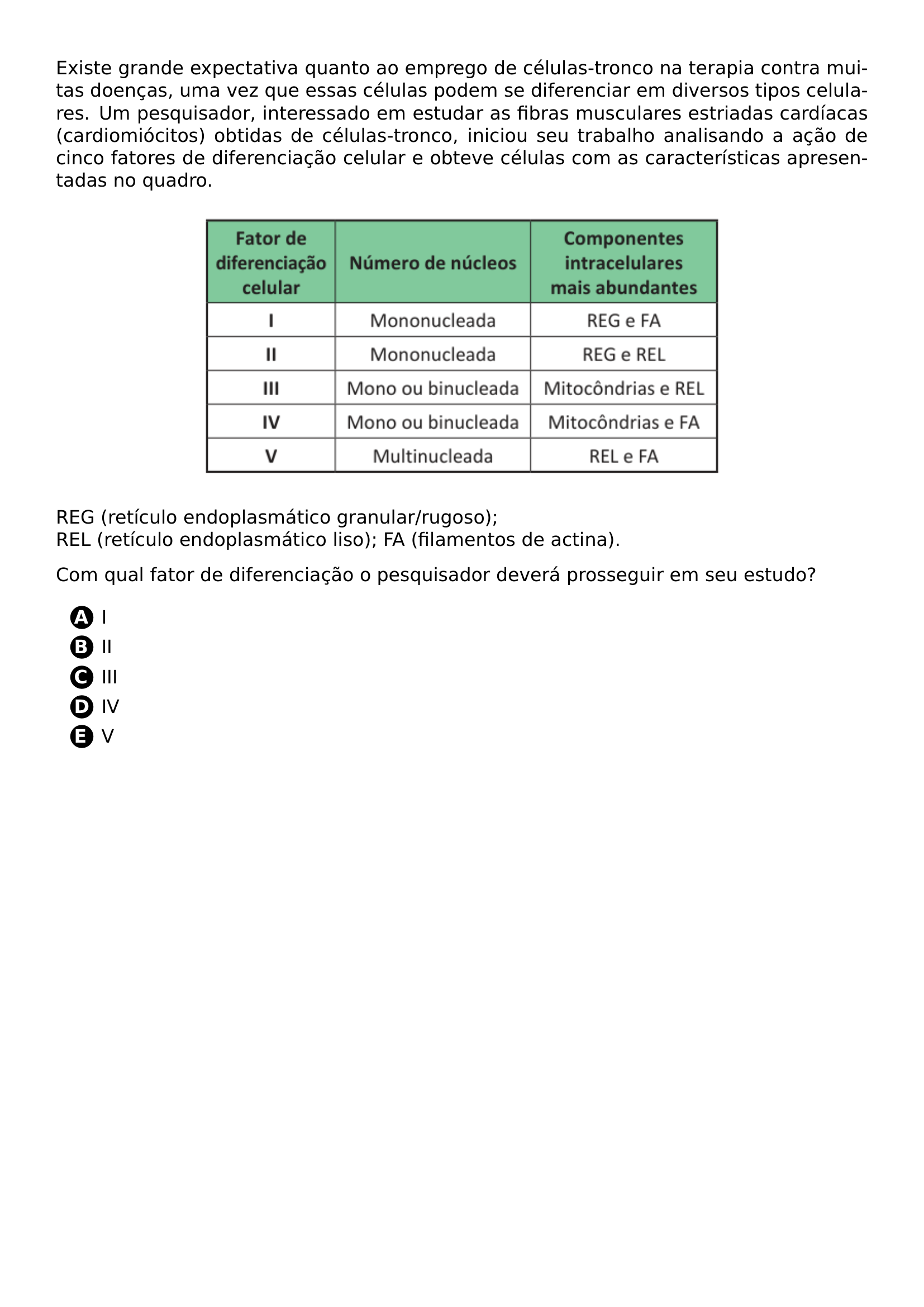 PAR EXISTE GRANDE EXPECTATIVA QUANTO AO EMPREGO DE CELULAS TRONCO NA TERAPIA CONTRA MUITAS DOENCAS UMA VEZ QUE ESSAS CELULAS PODEM SE DIFERENCIAR EM DIVERSOS TIPOS CELULARES UM PESQUISADOR INTERESSADO EM ESTUDAR AS FIBRAS MUSCULARES ESTRIADAS CARDIACAS CARDIOMIOCITOS OBTIDAS DE CELULAS TRONCO INICIOU SEU TRABALHO ANALISANDO A ACAO DE CINCO FATORES DE DIFERENCIACAO CELULAR E OBTEVE CELULAS COM AS CARACTERISTICAS APRESENTADAS NO QUADRO BEGIN CENTER INCLUDEGRAPHICS WIDTH 0 65 LINEWIDTH 20261006 110234 283 01 PNG END CENTER PAR REG RETICULO ENDOPLASMATICO GRANULAR RUGOSO REL RETICULO ENDOPLASMATICO LISO FA FILAMENTOS DE ACTINA PAR COM QUAL FATOR DE DIFERENCIACAO O PESQUISADOR DEVERA PROSSEGUIR EM SEU ESTUDO BEGIN ENUMERATE LABEL ITEM PROTECT CIRCLED A I ITEM PROTECT CIRCLED B II ITEM PROTECT CIRCLED C III ITEM PROTECT CIRCLED D IV ITEM PROTECT CIRCLED E V END ENUMERATE