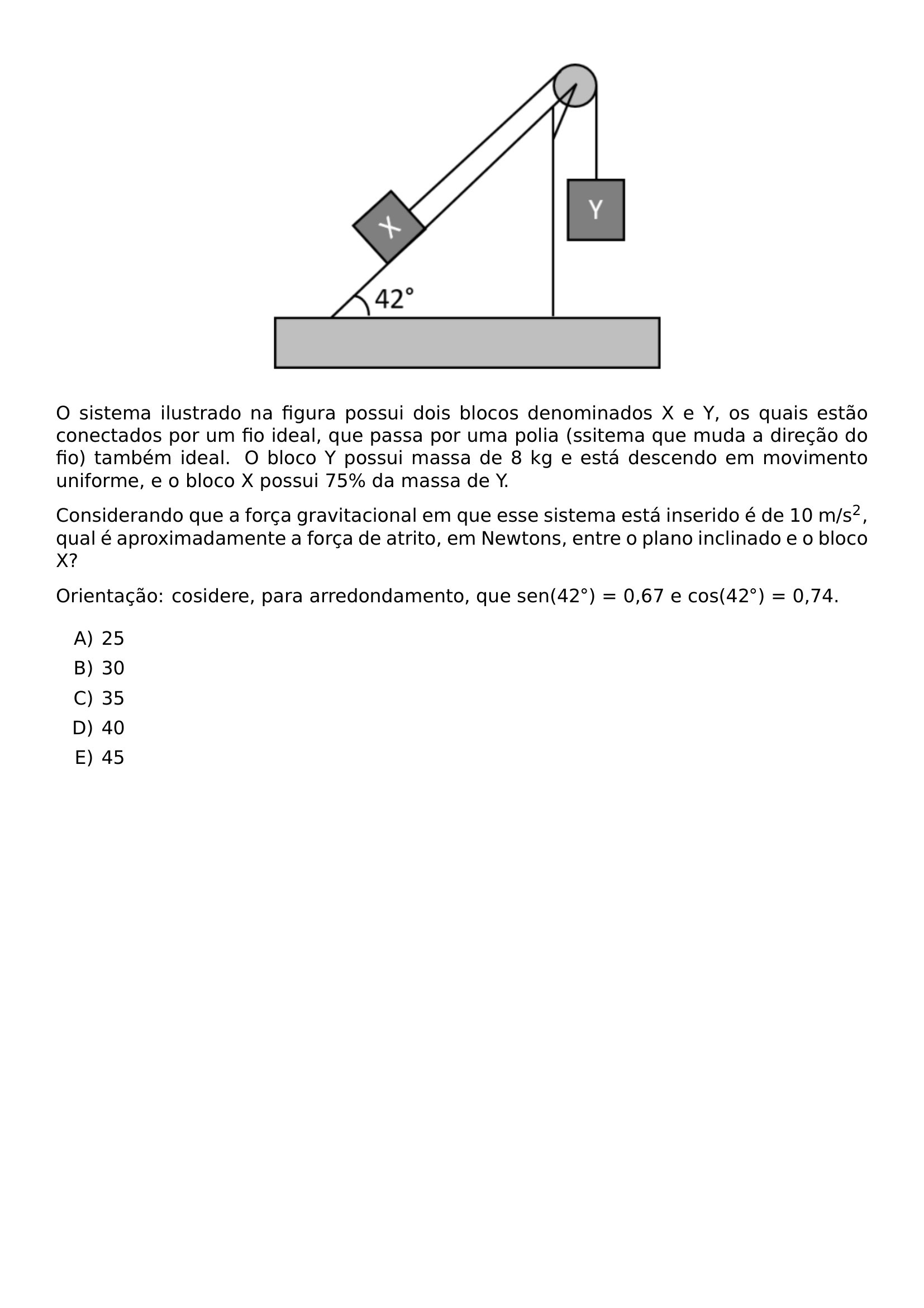BEGIN CENTER INCLUDEGRAPHICS WIDTH 0 50 LINEWIDTH UNICEPLAC 2023 2 35 JPG END CENTER O SISTEMA ILUSTRADO NA FIGURA POSSUI DOIS BLOCOS DENOMINADOS X E Y OS QUAIS ESTAO CONECTADOS POR UM FIO IDEAL QUE PASSA POR UMA POLIA SSITEMA QUE MUDA A DIRECAO DO FIO TAMBEM IDEAL O BLOCO Y POSSUI MASSA DE 8 KG E ESTA DESCENDO EM MOVIMENTO UNIFORME E O BLOCO X POSSUI 75 DA MASSA DE Y CONSIDERANDO QUE A FORCA GRAVITACIONAL EM QUE ESSE SISTEMA ESTA INSERIDO E DE 10 M S 2 QUAL E APROXIMADAMENTE A FORCA DE ATRITO EM NEWTONS ENTRE O PLANO INCLINADO E O BLOCO X ORIENTACAO COSIDERE PARA ARREDONDAMENTO QUE SEN 42 CIRC 0 67 E COS 42 CIRC 0 74 BEGIN ENUMERATE LABEL ALPH ITEM 25 ITEM 30 ITEM 35 ITEM 40 ITEM 45 END ENUMERATE