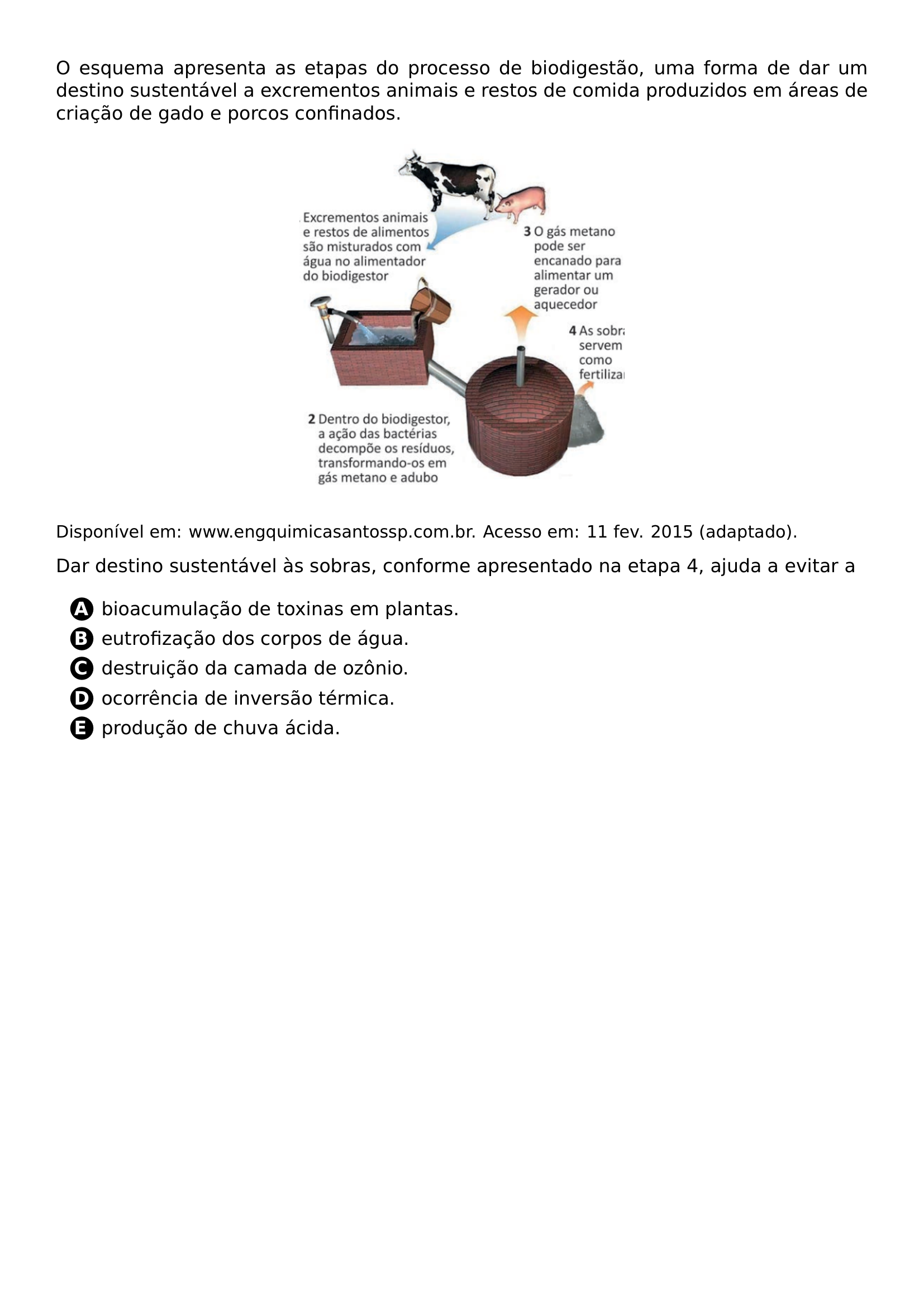 O ESQUEMA APRESENTA AS ETAPAS DO PROCESSO DE BIODIGESTAO UMA FORMA DE DAR UM DESTINO SUSTENTAVEL A EXCREMENTOS ANIMAIS E RESTOS DE COMIDA PRODUZIDOS EM AREAS DE CRIACAO DE GADO E PORCOS CONFINADOS BEGIN CENTER INCLUDEGRAPHICS WIDTH 0 40 LINEWIDTH 20260626 014037 01 PNG END CENTER SMALL DISPONIVEL EM WWW ENGQUIMICASANTOSSP COM BR ACESSO EM 11 FEV 2015 ADAPTADO DAR DESTINO SUSTENTAVEL AS SOBRAS CONFORME APRESENTADO NA ETAPA 4 AJUDA A EVITAR A BEGIN ENUMERATE LABEL PROTECT CIRCLED ALPH ITEM BIOACUMULACAO DE TOXINAS EM PLANTAS ITEM EUTROFIZACAO DOS CORPOS DE AGUA ITEM DESTRUICAO DA CAMADA DE OZONIO ITEM OCORRENCIA DE INVERSAO TERMICA ITEM PRODUCAO DE CHUVA ACIDA END ENUMERATE