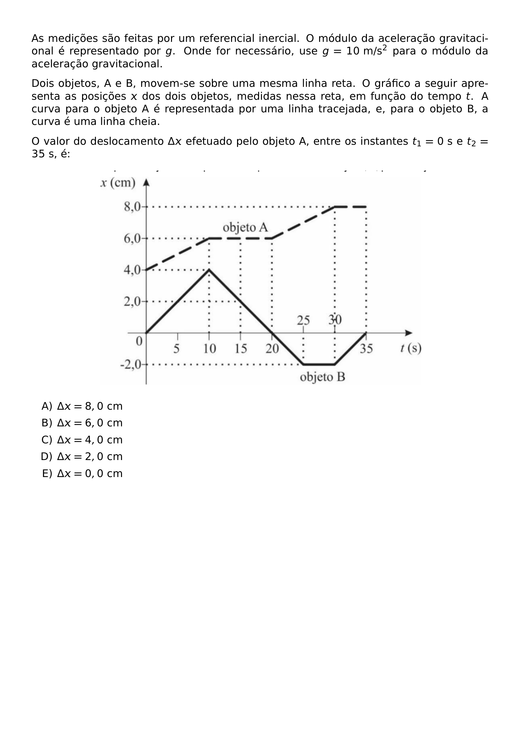 AS MEDICOES SAO FEITAS POR UM REFERENCIAL INERCIAL O MODULO DA ACELERACAO GRAVITACIONAL E REPRESENTADO POR G ONDE FOR NECESSARIO USE G 10 TEXT M S 2 PARA O MODULO DA ACELERACAO GRAVITACIONAL DOIS OBJETOS A E B MOVEM SE SOBRE UMA MESMA LINHA RETA O GRAFICO A SEGUIR APRESENTA AS POSICOES X DOS DOIS OBJETOS MEDIDAS NESSA RETA EM FUNCAO DO TEMPO T A CURVA PARA O OBJETO A E REPRESENTADA POR UMA LINHA TRACEJADA E PARA O OBJETO B A CURVA E UMA LINHA CHEIA BEGIN CENTER INCLUDEGRAPHICS WIDTH 0 75 LINEWIDTH UFPR 2026 1 10 11 12 JPG END CENTER O VALOR DO DESLOCAMENTO DELTA X EFETUADO PELO OBJETO A ENTRE OS INSTANTES T 1 0 TEXT S E T 2 35 TEXT S E BEGIN ENUMERATE LABEL ALPH ITEM DELTA X 8 0 TEXT CM ITEM DELTA X 6 0 TEXT CM ITEM DELTA X 4 0 TEXT CM ITEM DELTA X 2 0 TEXT CM ITEM DELTA X 0 0 TEXT CM END ENUMERATE