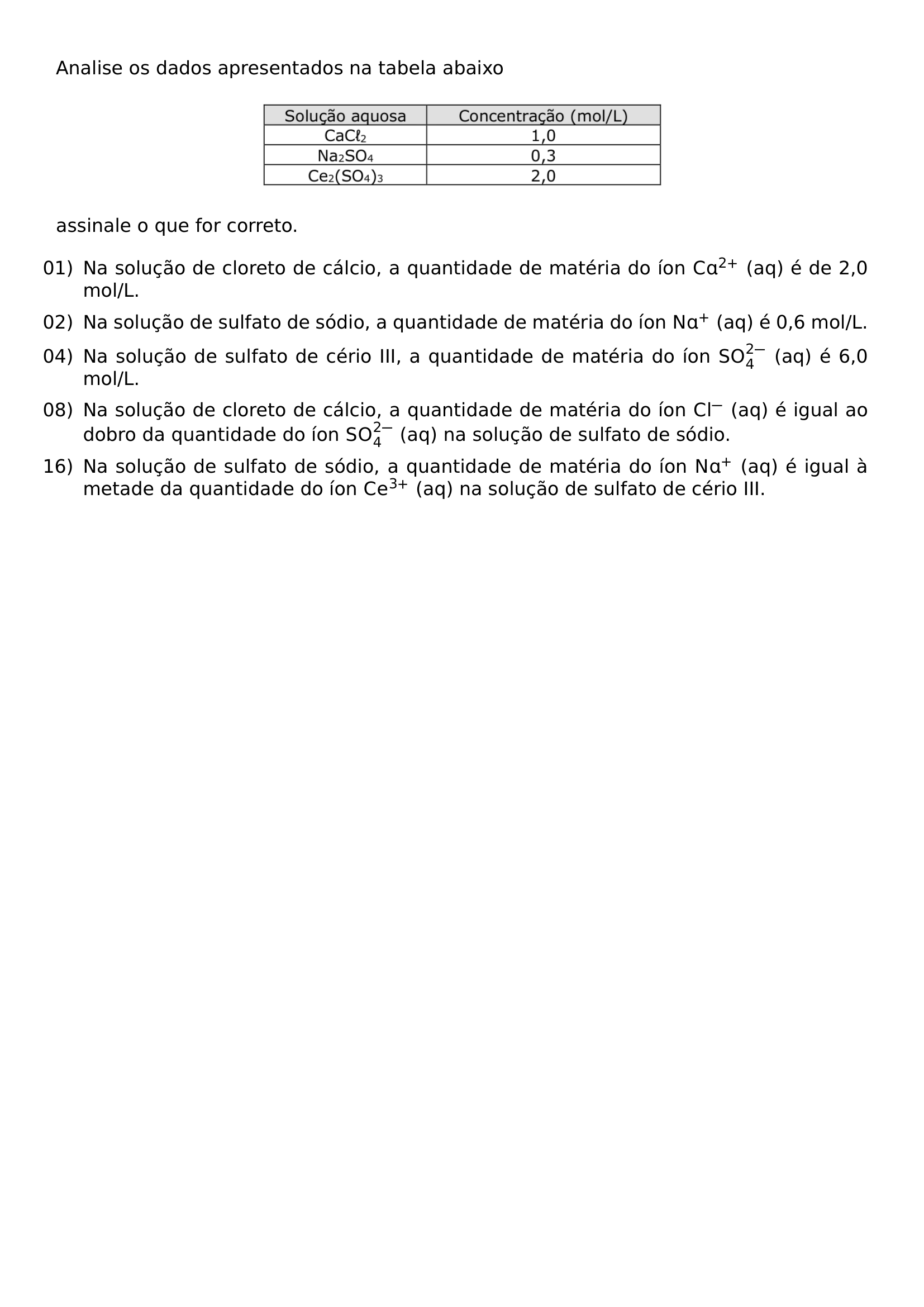ANALISE OS DADOS APRESENTADOS NA TABELA ABAIXO BEGIN CENTER INCLUDEGRAPHICS WIDTH 0 5 LINEWIDTH 20260807 210410 01 PNG END CENTER ASSINALE O QUE FOR CORRETO BEGIN ENUMERATE LEFTMARGIN LABELSEP 0 5EM ITEMSEP 6PT ITEM 01 NA SOLUCAO DE CLORETO DE CALCIO A QUANTIDADE DE MATERIA DO ION MATHRM CA 2 AQ E DE 2 0 MOL L ITEM 02 NA SOLUCAO DE SULFATO DE SODIO A QUANTIDADE DE MATERIA DO ION MATHRM NA AQ E 0 6 MOL L ITEM 04 NA SOLUCAO DE SULFATO DE CERIO III A QUANTIDADE DE MATERIA DO ION MATHRM SO 4 2 AQ E 6 0 MOL L ITEM 08 NA SOLUCAO DE CLORETO DE CALCIO A QUANTIDADE DE MATERIA DO ION MATHRM CL AQ E IGUAL AO DOBRO DA QUANTIDADE DO ION MATHRM SO 4 2 AQ NA SOLUCAO DE SULFATO DE SODIO ITEM 16 NA SOLUCAO DE SULFATO DE SODIO A QUANTIDADE DE MATERIA DO ION MATHRM NA AQ E IGUAL A METADE DA QUANTIDADE DO ION MATHRM CE 3 AQ NA SOLUCAO DE SULFATO DE CERIO III END ENUMERATE