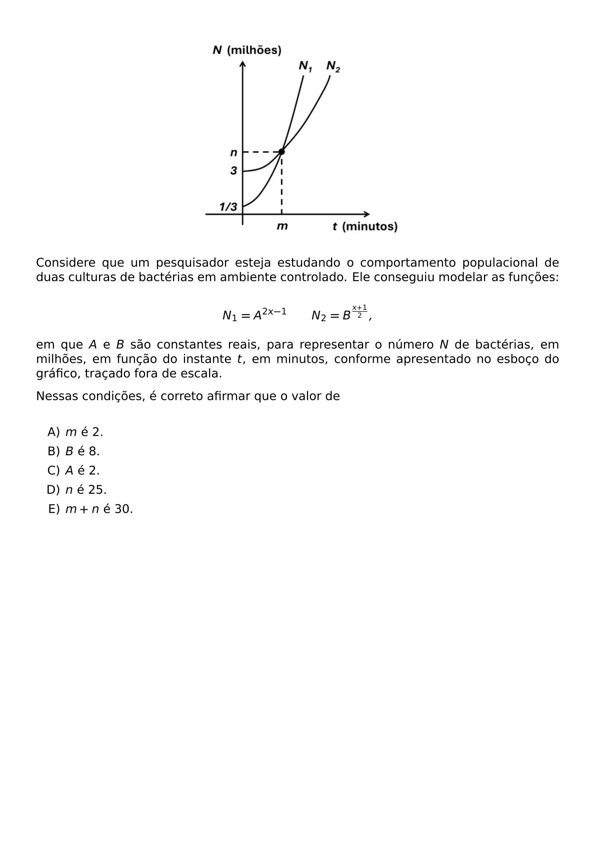 BEGIN CENTER INCLUDEGRAPHICS WIDTH 0 4 TEXTWIDTH REPRO IMG 0 20260609 143132 JPG END CENTER CONSIDERE QUE UM PESQUISADOR ESTEJA ESTUDANDO O COMPORTAMENTO POPULACIONAL DE DUAS CULTURAS DE BACTERIAS EM AMBIENTE CONTROLADO ELE CONSEGUIU MODELAR AS FUNCOES N 1 A 2X 1 QQUAD N 2 B FRAC X 1 2 EM QUE A E B SAO CONSTANTES REAIS PARA REPRESENTAR O NUMERO N DE BACTERIAS EM MILHOES EM FUNCAO DO INSTANTE T EM MINUTOS CONFORME APRESENTADO NO ESBOCO DO GRAFICO TRACADO FORA DE ESCALA NESSAS CONDICOES E CORRETO AFIRMAR QUE O VALOR DE VSPACE 0 3CM BEGIN ENUMERATE LABEL ALPH ITEM M E 2 ITEM B E 8 ITEM A E 2 ITEM N E 25 ITEM M N E 30 END ENUMERATE