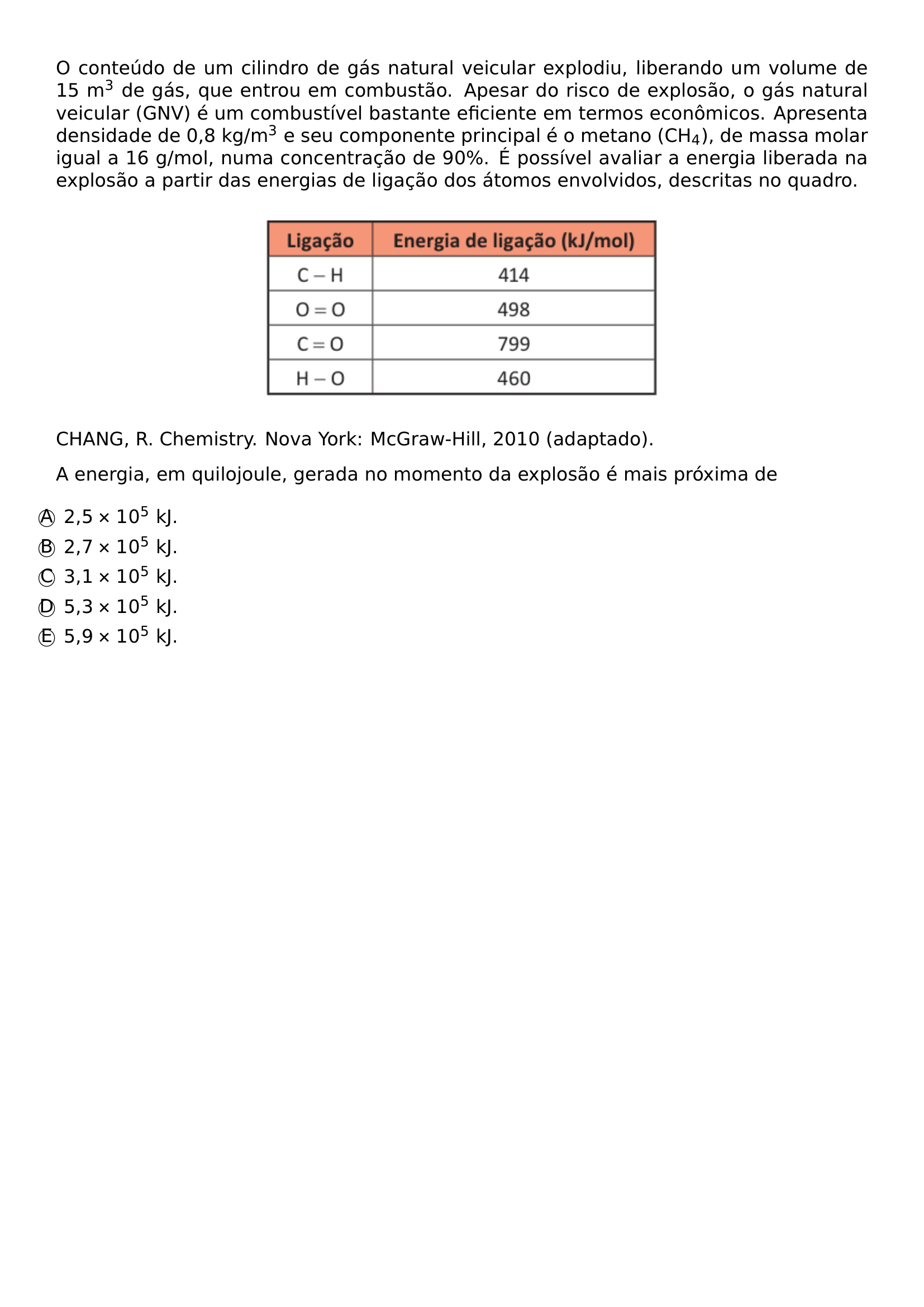 O CONTEUDO DE UM CILINDRO DE GAS NATURAL VEICULAR EXPLODIU LIBERANDO UM VOLUME DE 15 M TEXTSUPERSCRIPT 3 DE GAS QUE ENTROU EM COMBUSTAO APESAR DO RISCO DE EXPLOSAO O GAS NATURAL VEICULAR GNV E UM COMBUSTIVEL BASTANTE EFICIENTE EM TERMOS ECONOMICOS APRESENTA DENSIDADE DE 0 8 KG M TEXTSUPERSCRIPT 3 E SEU COMPONENTE PRINCIPAL E O METANO CH TEXTSUBSCRIPT 4 DE MASSA MOLAR IGUAL A 16 G MOL NUMA CONCENTRACAO DE 90 E POSSIVEL AVALIAR A ENERGIA LIBERADA NA EXPLOSAO A PARTIR DAS ENERGIAS DE LIGACAO DOS ATOMOS ENVOLVIDOS DESCRITAS NO QUADRO BEGIN CENTER INCLUDEGRAPHICS WIDTH 0 50 LINEWIDTH 20261006 110246 859 01 PNG END CENTER PAR CHANG R CHEMISTRY NOVA YORK MCGRAW HILL 2010 ADAPTADO PAR A ENERGIA EM QUILOJOULE GERADA NO MOMENTO DA EXPLOSAO E MAIS PROXIMA DE BEGIN ENUMERATE LABEL LEFTMARGIN ITEM TEXTCIRCLED A 2 5 TIMES 10 TEXTSUPERSCRIPT 5 KJ ITEM TEXTCIRCLED B 2 7 TIMES 10 TEXTSUPERSCRIPT 5 KJ ITEM TEXTCIRCLED C 3 1 TIMES 10 TEXTSUPERSCRIPT 5 KJ ITEM TEXTCIRCLED D 5 3 TIMES 10 TEXTSUPERSCRIPT 5 KJ ITEM TEXTCIRCLED E 5 9 TIMES 10 TEXTSUPERSCRIPT 5 KJ END ENUMERATE