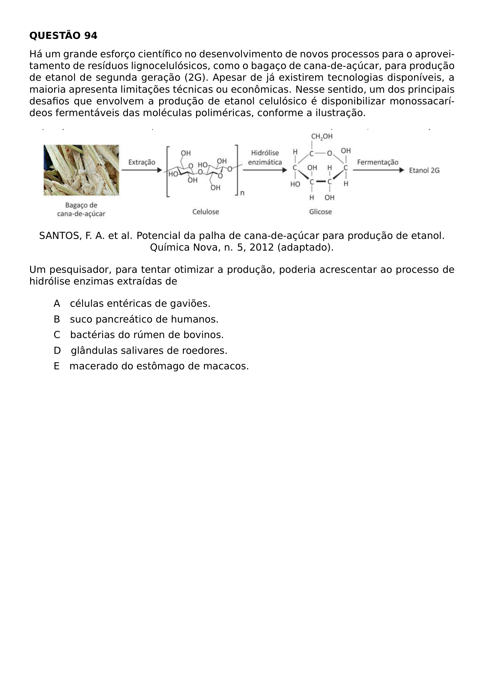 TEXTBF TEXTBF QUESTAO 94 PAR HA UM GRANDE ESFORCO CIENTIFICO NO DESENVOLVIMENTO DE NOVOS PROCESSOS PARA O APROVEITAMENTO DE RESIDUOS LIGNOCELULOSICOS COMO O BAGACO DE CANA DE ACUCAR PARA PRODUCAO DE ETANOL DE SEGUNDA GERACAO 2G APESAR DE JA EXISTIREM TECNOLOGIAS DISPONIVEIS A MAIORIA APRESENTA LIMITACOES TECNICAS OU ECONOMICAS NESSE SENTIDO UM DOS PRINCIPAIS DESAFIOS QUE ENVOLVEM A PRODUCAO DE ETANOL CELULOSICO E DISPONIBILIZAR MONOSSACARIDEOS FERMENTAVEIS DAS MOLECULAS POLIMERICAS CONFORME A ILUSTRACAO BEGIN CENTER INCLUDEGRAPHICS WIDTH 0 95 LINEWIDTH 20261006 104858 718 01 PNG SANTOS F A ET AL POTENCIAL DA PALHA DE CANA DE ACUCAR PARA PRODUCAO DE ETANOL QUIMICA NOVA N 5 2012 ADAPTADO END CENTER PAR UM PESQUISADOR PARA TENTAR OTIMIZAR A PRODUCAO PODERIA ACRESCENTAR AO PROCESSO DE HIDROLISE ENZIMAS EXTRAIDAS DE BEGIN ENUMERATE LABEL LEFTMARGIN 2 5EM ITEM A QUAD CELULAS ENTERICAS DE GAVIOES ITEM B QUAD SUCO PANCREATICO DE HUMANOS ITEM C QUAD BACTERIAS DO RUMEN DE BOVINOS ITEM D QUAD GLANDULAS SALIVARES DE ROEDORES ITEM E QUAD MACERADO DO ESTOMAGO DE MACACOS END ENUMERATE