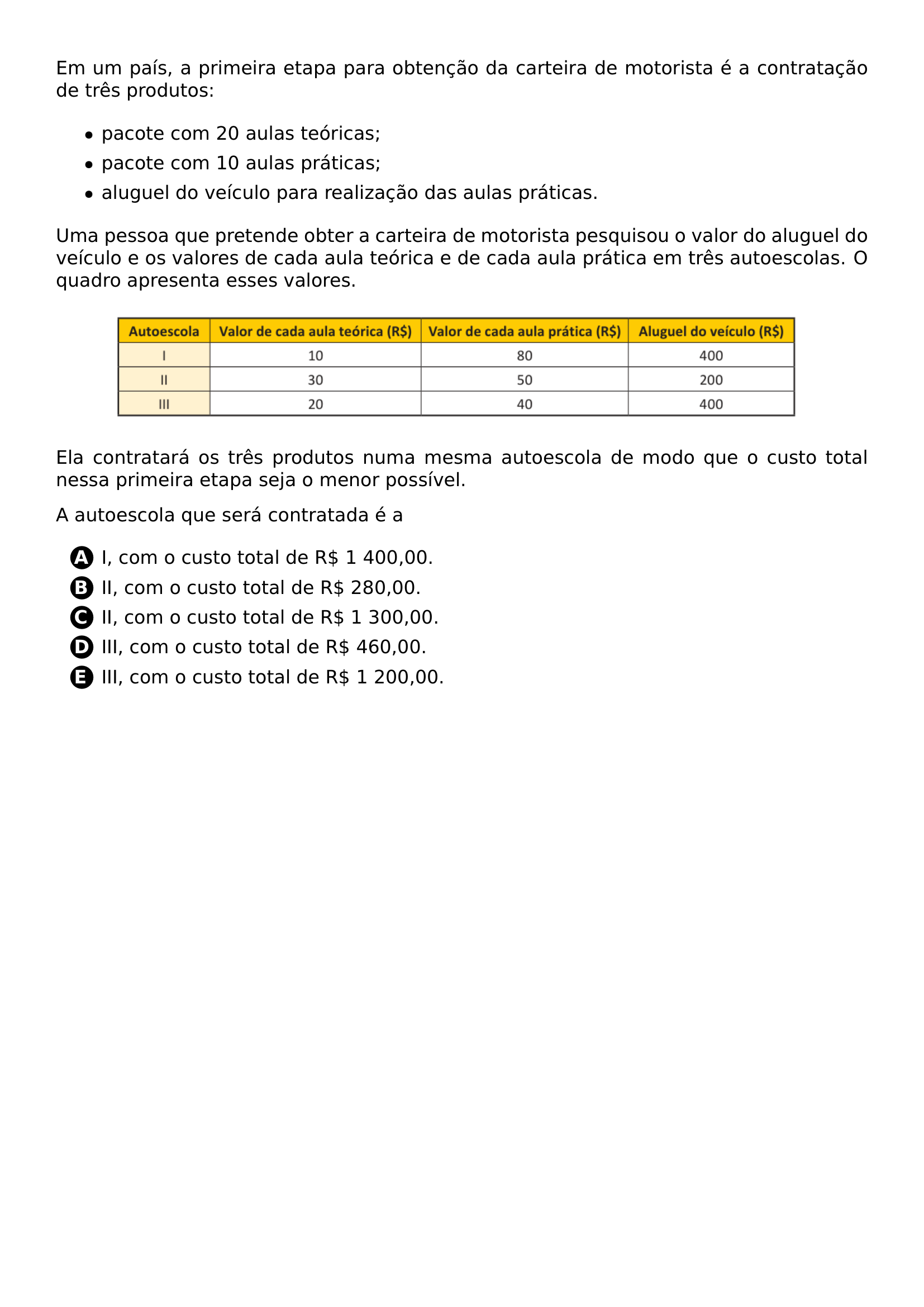 EM UM PAIS A PRIMEIRA ETAPA PARA OBTENCAO DA CARTEIRA DE MOTORISTA E A CONTRATACAO DE TRES PRODUTOS BEGIN ITEMIZE ITEM PACOTE COM 20 AULAS TEORICAS ITEM PACOTE COM 10 AULAS PRATICAS ITEM ALUGUEL DO VEICULO PARA REALIZACAO DAS AULAS PRATICAS END ITEMIZE UMA PESSOA QUE PRETENDE OBTER A CARTEIRA DE MOTORISTA PESQUISOU O VALOR DO ALUGUEL DO VEICULO E OS VALORES DE CADA AULA TEORICA E DE CADA AULA PRATICA EM TRES AUTOESCOLAS O QUADRO APRESENTA ESSES VALORES BEGIN CENTER INCLUDEGRAPHICS WIDTH 0 86 LINEWIDTH 20260708 090715 01 PNG END CENTER ELA CONTRATARA OS TRES PRODUTOS NUMA MESMA AUTOESCOLA DE MODO QUE O CUSTO TOTAL NESSA PRIMEIRA ETAPA SEJA O MENOR POSSIVEL A AUTOESCOLA QUE SERA CONTRATADA E A BEGIN ENUMERATE LABEL PROTECT CIRCLED ALPH ITEM I COM O CUSTO TOTAL DE R 1 400 00 ITEM II COM O CUSTO TOTAL DE R 280 00 ITEM II COM O CUSTO TOTAL DE R 1 300 00 ITEM III COM O CUSTO TOTAL DE R 460 00 ITEM III COM O CUSTO TOTAL DE R 1 200 00 END ENUMERATE