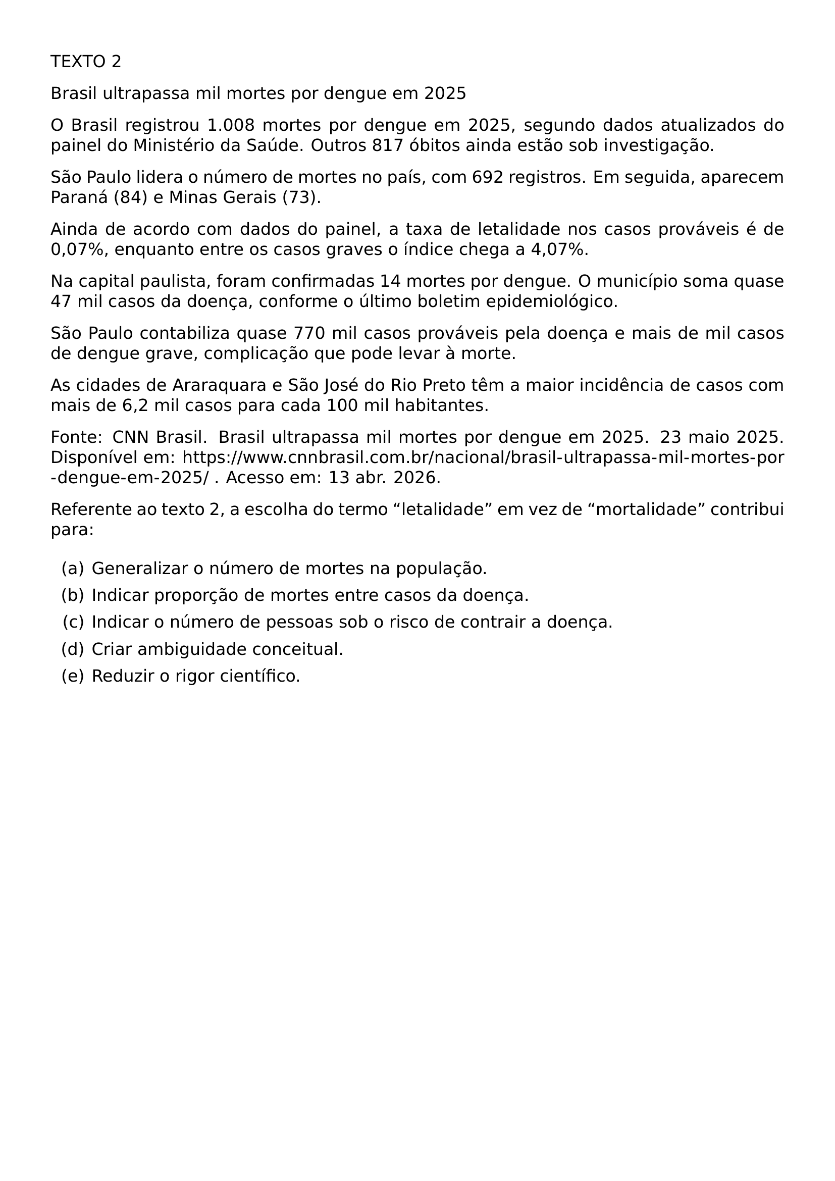 TEXTO 2 BRASIL ULTRAPASSA MIL MORTES POR DENGUE EM 2025 O BRASIL REGISTROU 1 008 MORTES POR DENGUE EM 2025 SEGUNDO DADOS ATUALIZADOS DO PAINEL DO MINISTERIO DA SAUDE OUTROS 817 OBITOS AINDA ESTAO SOB INVESTIGACAO SAO PAULO LIDERA O NUMERO DE MORTES NO PAIS COM 692 REGISTROS EM SEGUIDA APARECEM PARANA 84 E MINAS GERAIS 73 AINDA DE ACORDO COM DADOS DO PAINEL A TAXA DE LETALIDADE NOS CASOS PROVAVEIS E DE 0 07 ENQUANTO ENTRE OS CASOS GRAVES O INDICE CHEGA A 4 07 NA CAPITAL PAULISTA FORAM CONFIRMADAS 14 MORTES POR DENGUE O MUNICIPIO SOMA QUASE 47 MIL CASOS DA DOENCA CONFORME O ULTIMO BOLETIM EPIDEMIOLOGICO SAO PAULO CONTABILIZA QUASE 770 MIL CASOS PROVAVEIS PELA DOENCA E MAIS DE MIL CASOS DE DENGUE GRAVE COMPLICACAO QUE PODE LEVAR A MORTE AS CIDADES DE ARARAQUARA E SAO JOSE DO RIO PRETO TEM A MAIOR INCIDENCIA DE CASOS COM MAIS DE 6 2 MIL CASOS PARA CADA 100 MIL HABITANTES FONTE CNN BRASIL BRASIL ULTRAPASSA MIL MORTES POR DENGUE EM 2025 23 MAIO 2025 DISPONIVEL EM URL HTTPS WWW CNNBRASIL COM BR NACIONAL BRASIL ULTRAPASSA MIL MORTES POR DENGUE EM 2025 ACESSO EM 13 ABR 2026 PAR REFERENTE AO TEXTO 2 A ESCOLHA DO TERMO LETALIDADE EM VEZ DE MORTALIDADE CONTRIBUI PARA BEGIN ENUMERATE LABEL ALPH ITEM GENERALIZAR O NUMERO DE MORTES NA POPULACAO ITEM INDICAR PROPORCAO DE MORTES ENTRE CASOS DA DOENCA ITEM INDICAR O NUMERO DE PESSOAS SOB O RISCO DE CONTRAIR A DOENCA ITEM CRIAR AMBIGUIDADE CONCEITUAL ITEM REDUZIR O RIGOR CIENTIFICO END ENUMERATE