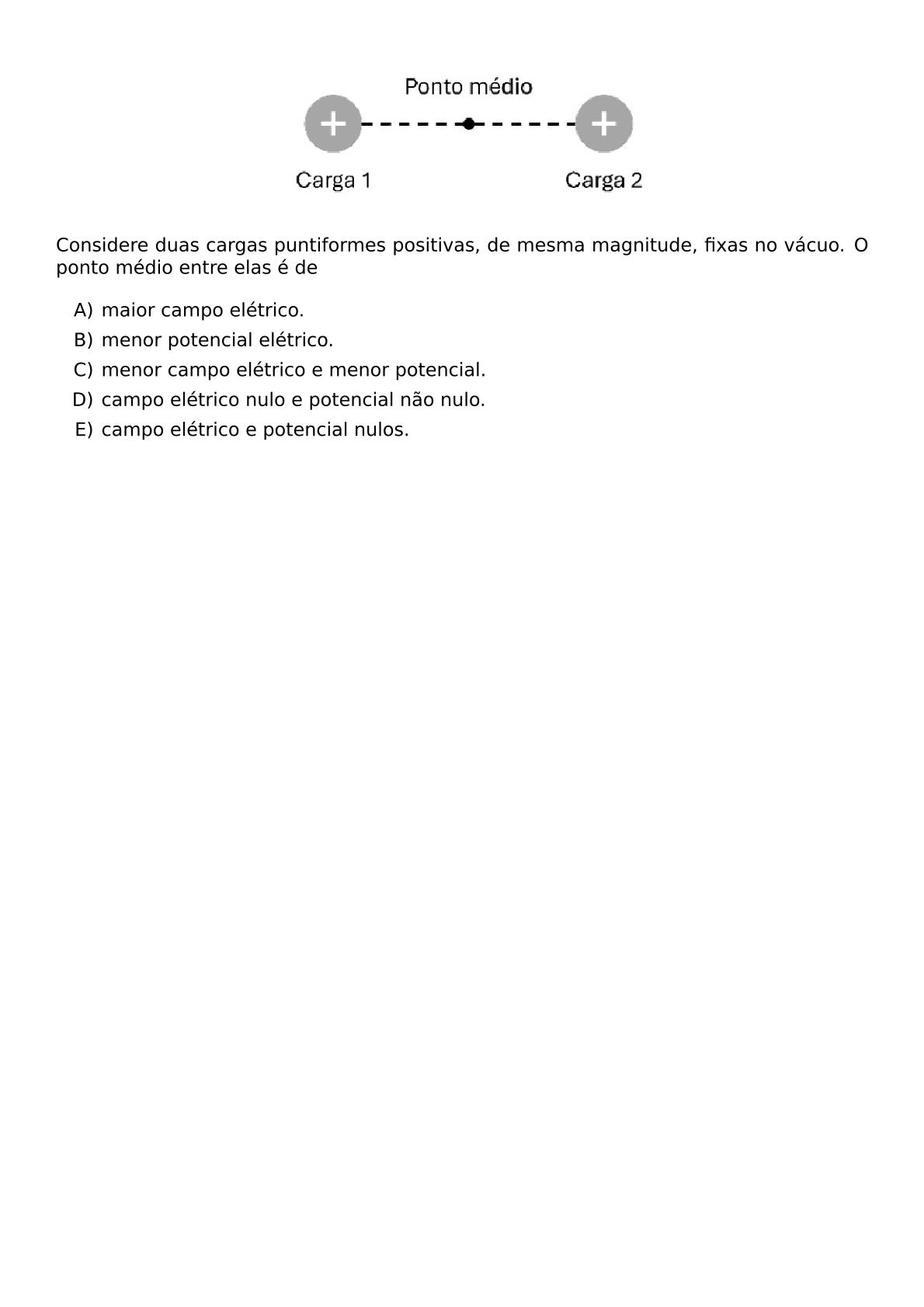 BEGIN CENTER INCLUDEGRAPHICS WIDTH 250PT REPRO IMG 0 20260609 135726 JPG END CENTER CONSIDERE DUAS CARGAS PUNTIFORMES POSITIVAS DE MESMA MAGNITUDE FIXAS NO VACUO O PONTO MEDIO ENTRE ELAS E DE BEGIN ENUMERATE LABEL ALPH ITEM MAIOR CAMPO ELETRICO ITEM MENOR POTENCIAL ELETRICO ITEM MENOR CAMPO ELETRICO E MENOR POTENCIAL ITEM CAMPO ELETRICO NULO E POTENCIAL NAO NULO ITEM CAMPO ELETRICO E POTENCIAL NULOS END ENUMERATE